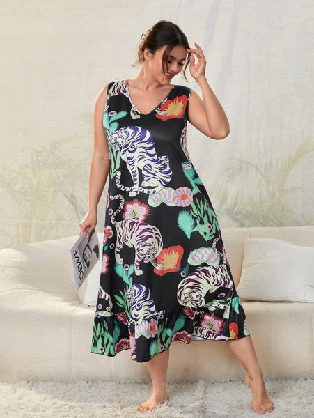 

plus tiger & floral print ruffle hem nightdress z2ki#, Black;white