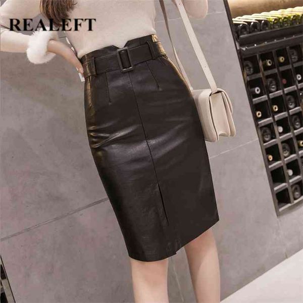 

realeft autumn winter ol elegant pencil midi skirts high waist black pu leather split sheath wrap skirts with belt female 210724