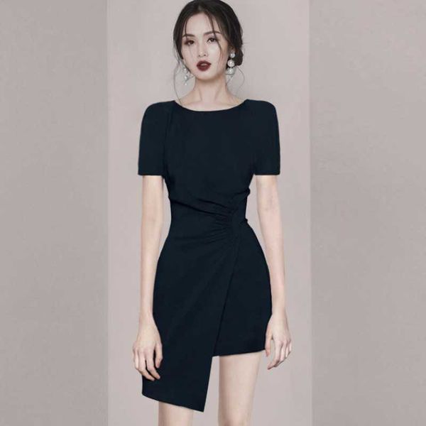

vintage fashion irregular mini dress ladies black o neck short sleeve office ol ruched party dresses for women clothing 210526, Black;gray