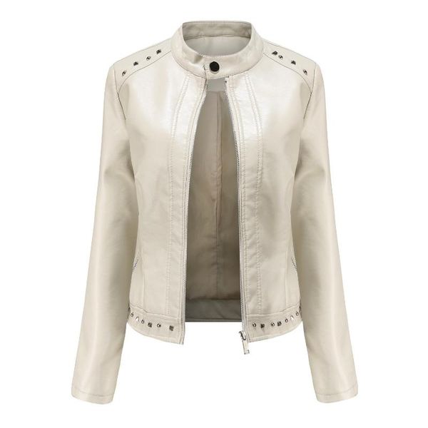 

women's leather & faux rivet jacket ladies 2021 moto biker zipper autumn spring female coat beige black red chaqueta cuero mujer