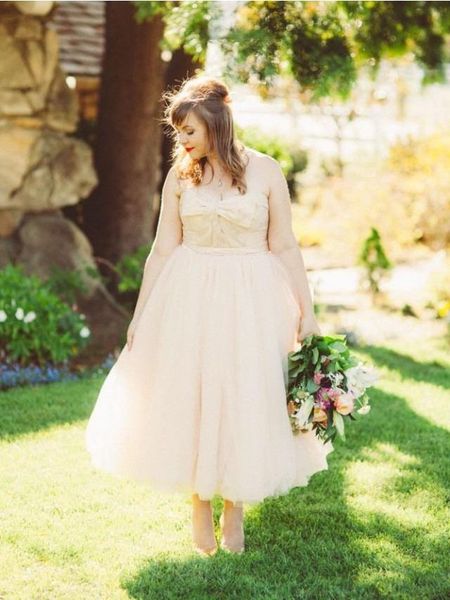 

simple vintage a line 60s country style nude pink bridal gowns tea length plus size wedding dress, White