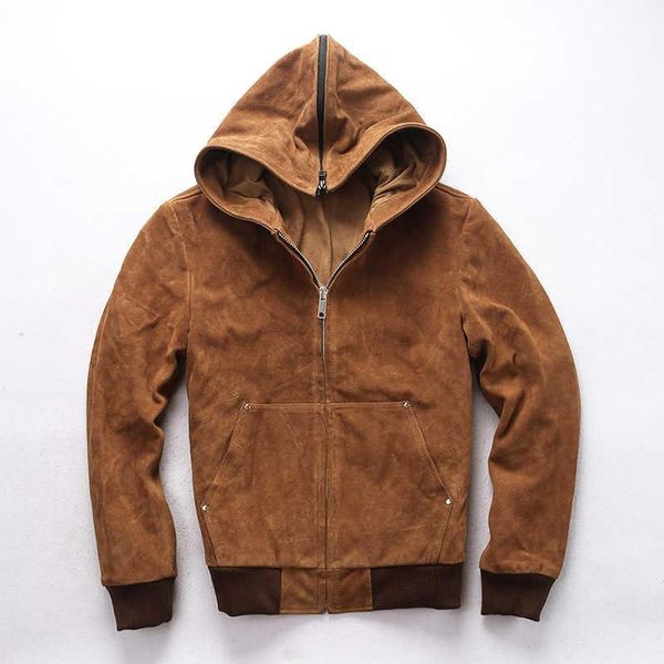 

men's leather & faux 2021 hooded genuine jacket yellow cow suede baseball men autumn casual coat for male youth, Black