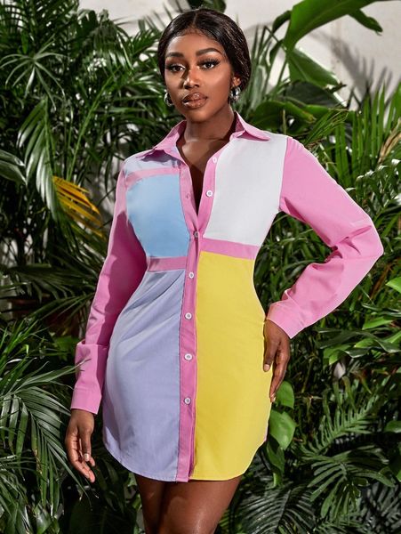

color block blouson sleeve shirt dress v3ca#, Black;gray