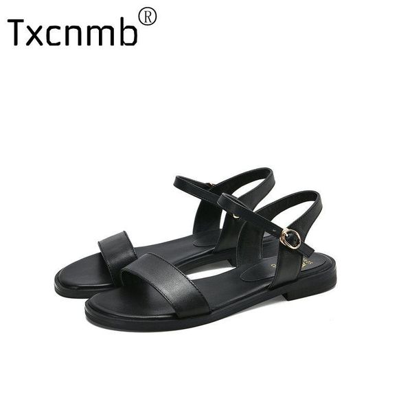 

txcnmb women sandals flat gladiator leather sandals summer shoes woman rome style buckle casual beach sandles plus size 43, Black