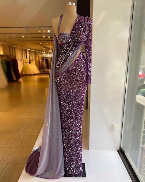 Roxo lantejouless sereia vestidos de noite vestidos halter uma ombro mangas compridas vestido de baile com envoltório vestidos de festa formal feitos sob encomenda de mariée