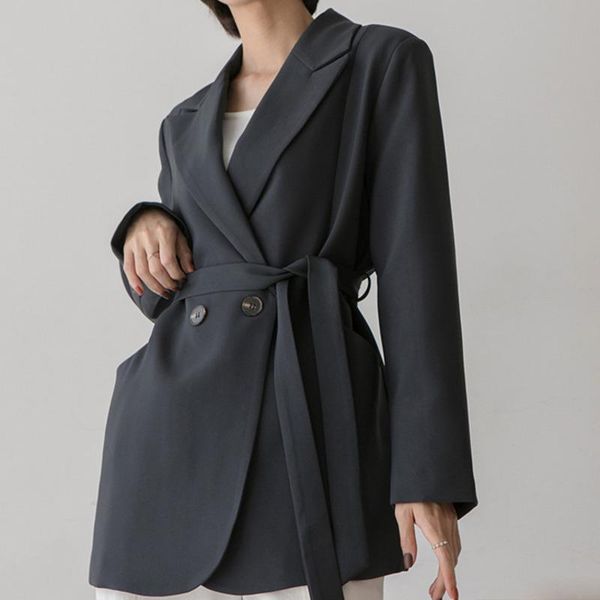

women's suits & blazers [ewq]2021 spring female turn-down collar long-sleeved blazer double breasted loose solid color lace up minimali, White;black