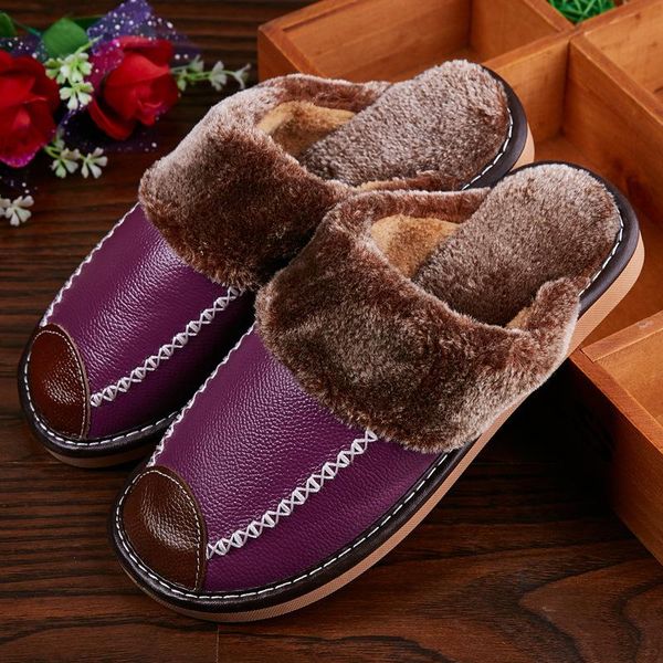 

slippers luxury women winter genuine leather home indoor non-slip thermal woman keep warm couple, Black