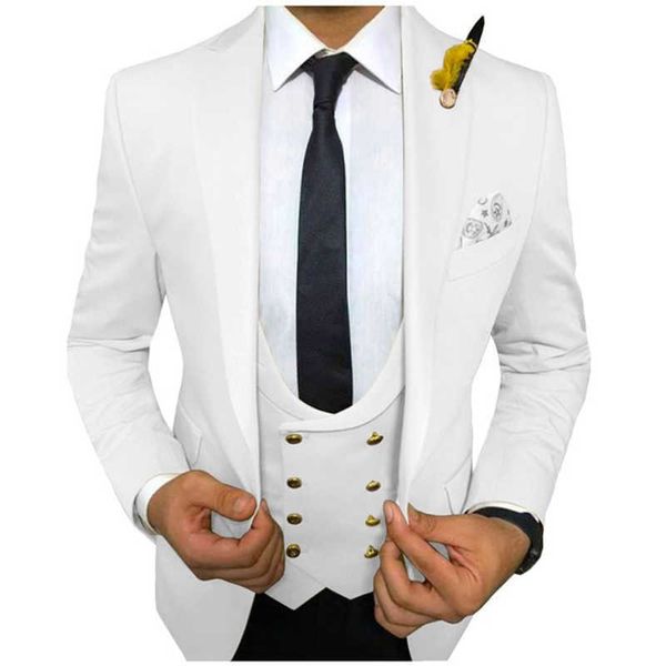 Slim Fit Белые повседневные мужские костюмы для обеда Party 3 кусок свадьба смокинг с двойным грудящим жилью Черные трусики мужской моды Blazer X0909