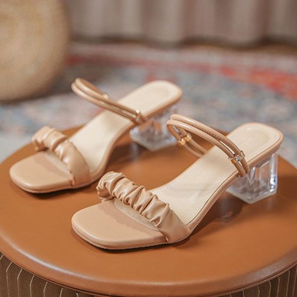 

sandals 2021 shoes women heels clear slippers summer pleated cross band slides crystal chunky heel, Black