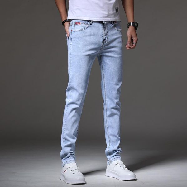 

vintage style men pants jeans slim fit mid waist button design plus size classic skinny jeans men pencil pant vintage, Blue