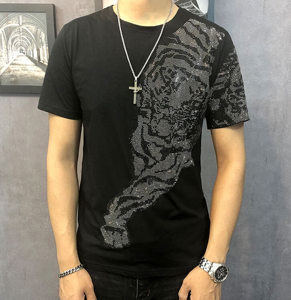 

2021 summer new short-sleeved t-shirt men's individual round-collar bottom tshirt ironing tiger pattern half-sleeve cgp8, White;black