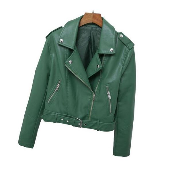 Mulheres Casacos de Couro Primavera Outono Manga Longa Slim Motociclistas Casacos Senhoras Curto Verde Motocicleta Mulher Bomber Jacket 210525