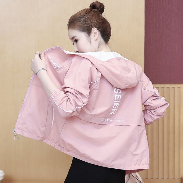 

2021 new spring autumn women's jacket fashion letter print hooded thin windbreaker female short coat outwear pink green y444 h191, Black;brown