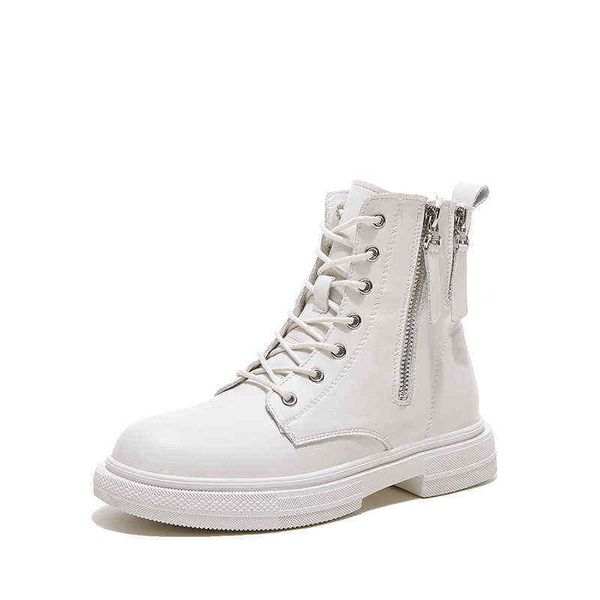 

leather short boots women's autumn and winter 2021 british thick soled martin leisure middle tube side zipper, Black