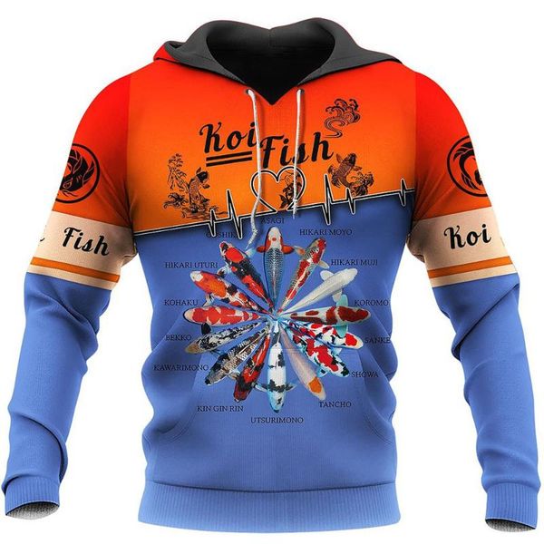 

men's hoodies & sweatshirts fashion long sleeve fun koi fish 3d printing zipper pullover casual street sweatshirt/hooded apparel, Black