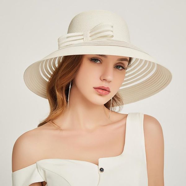 

wide brim hats fashion striped dome bowknot big brimmed straw hat foldable leisure sunscreen sun seaside beach, Blue;gray