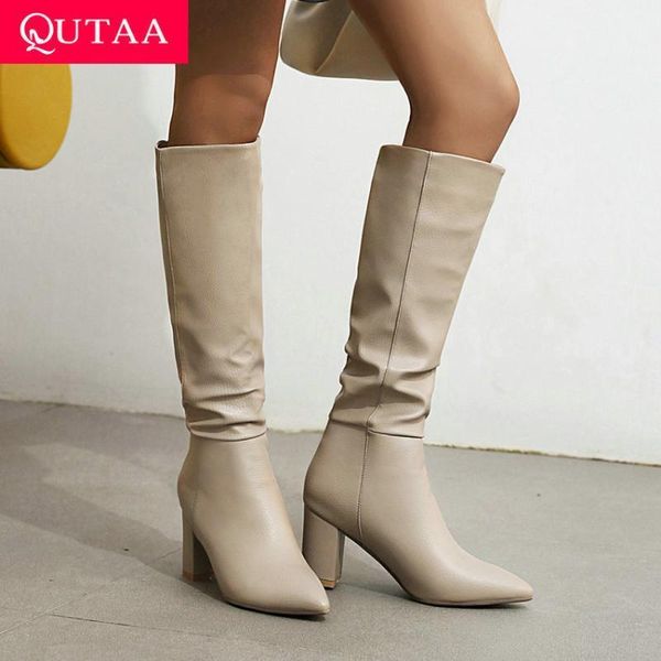 

boots qutaa 2021 knee high women pu pointed toe fashion long square heel keep warm autumn winter shoes size 34-431, Black