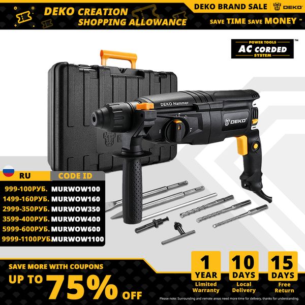 

deko gj180/gj181 26mm 220v 4 functions ac electric rotary hammer with bmc and 5pcs accessories electric impact power drill