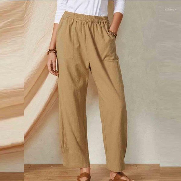 

women's pants & capris women wide leg high waist belt solid color casual cotton linen long straight female ankle-length length trousers, Black;white