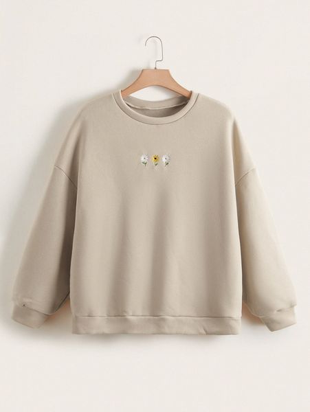 

plus floral embroidery drop shoulder sweatshirt a3lw#, Black