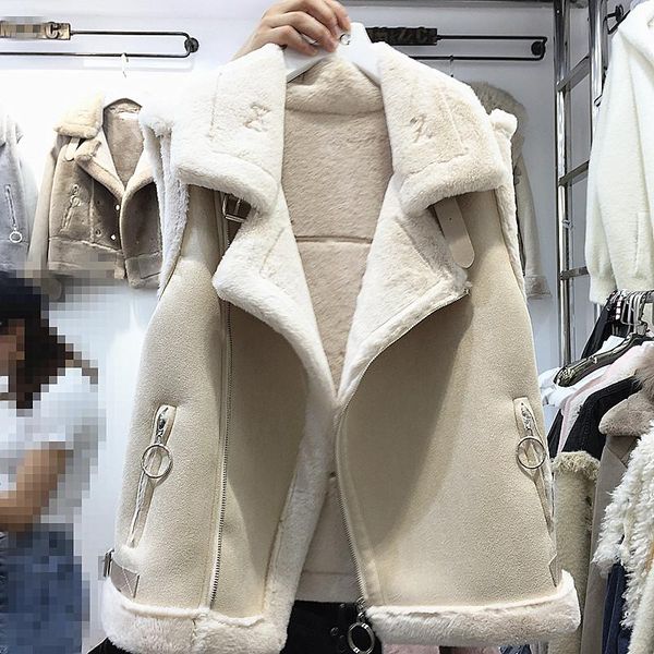 

women's vests 2021 suede lamb's wool vest thick winter jacket women zipper warm parkas sleeveless cardigan outwear cotton waistcoa, Black;white