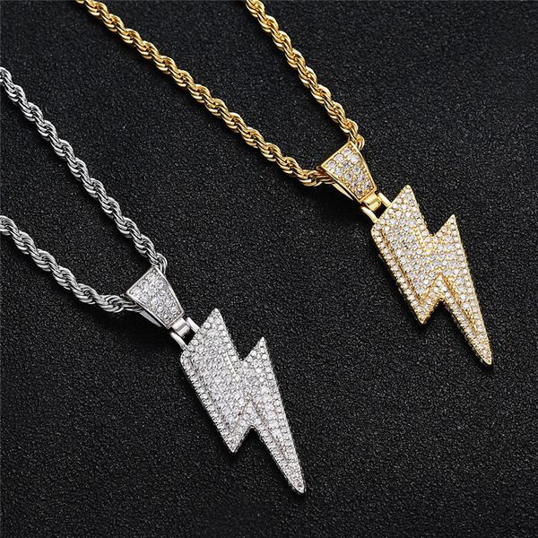 

hip hop iced out thunder pendant necklace gold silver plated with tennis chain mens bling jewelry gift