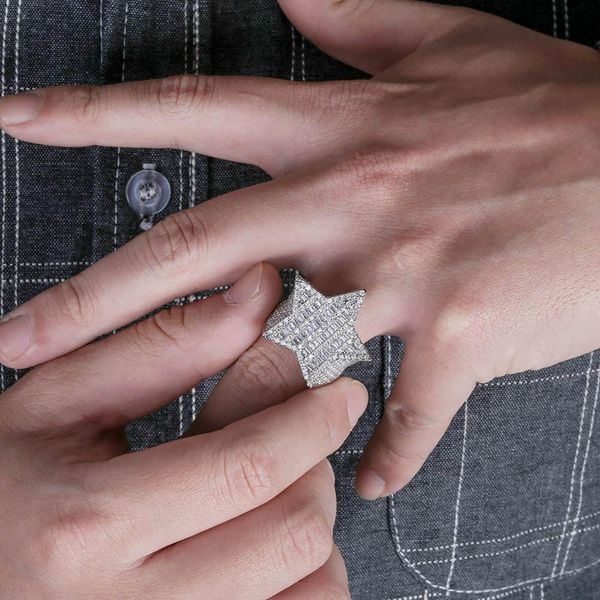 

new design gold color five-pointed star ring micro paved big zircon shiny hip hop finger ring for men women gift, Silver