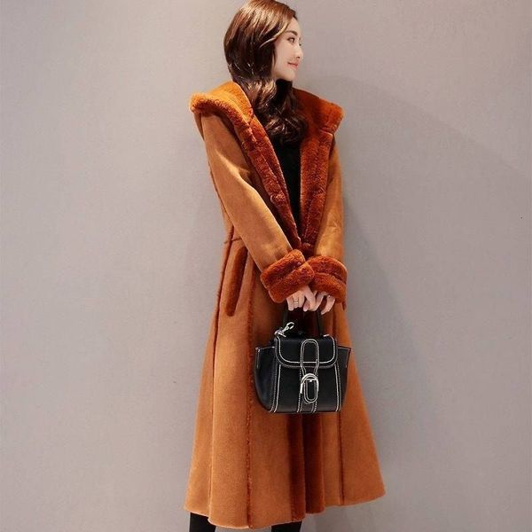 

2021 new women winter suede faux lambs fur wool jacket plush thicken warm cotton coat female slim long parka wadded overcoat k271cpic, Black