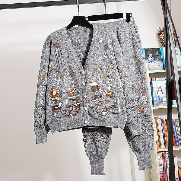 

black white tracksuits women knitted set embroidery sweater pencil pants outfits female loose 3 color casual knitting suit 2pc 0wc6, Blue