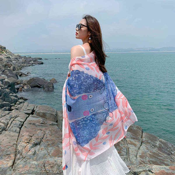 

scarves korean women's summer sunscreen shawl beach versatile thin foreign style fashion travel decorative silk scarf, Blue;gray