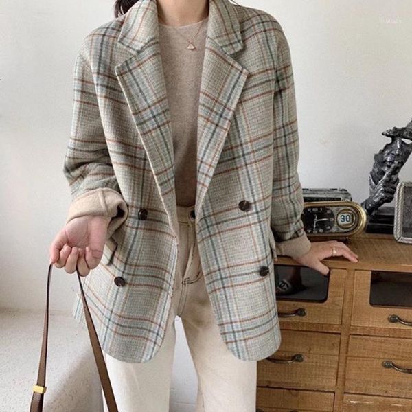 

women's wool & blends autumn winter fashion style suit collar long sleeve plaid loose double-sided jacket women trendy 180, Black