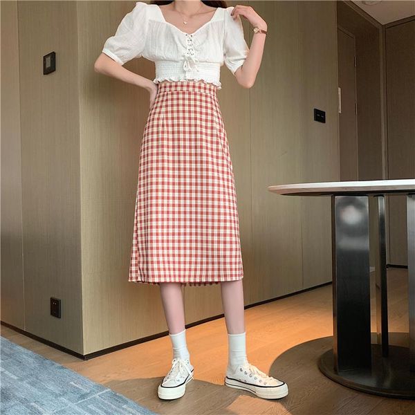 

skirts women's plaid long skirt spring high waist thinning mid-length one-step hip, Black