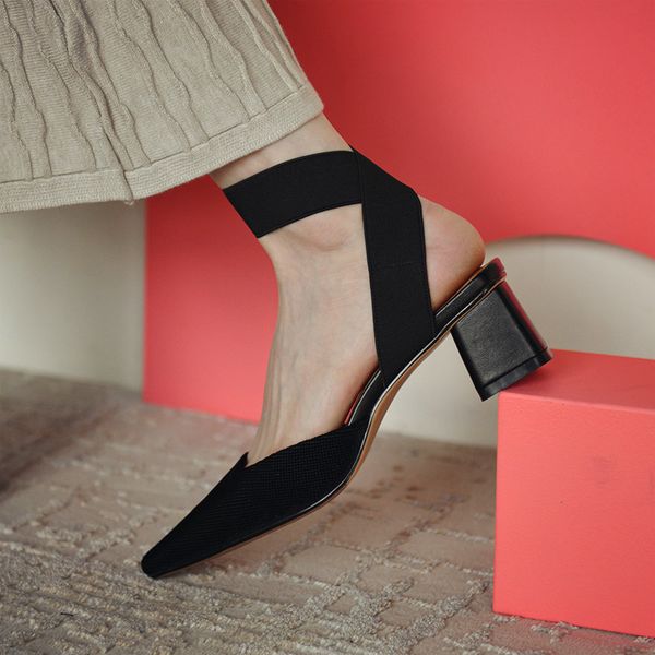 

black slippers fashion sandals elastic pointed high heels thick heel spring and summer baotou women