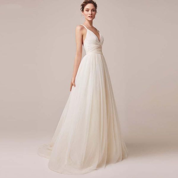 

other wedding dresses tulle dress spaghetti straps vestido de novia robe sleeveless v-neck backless bride mariage, White