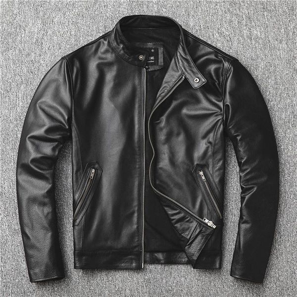 

men's leather & faux special layer cowhide motorcycle clothes slim fit sheepskin jacket short stand collar, Black