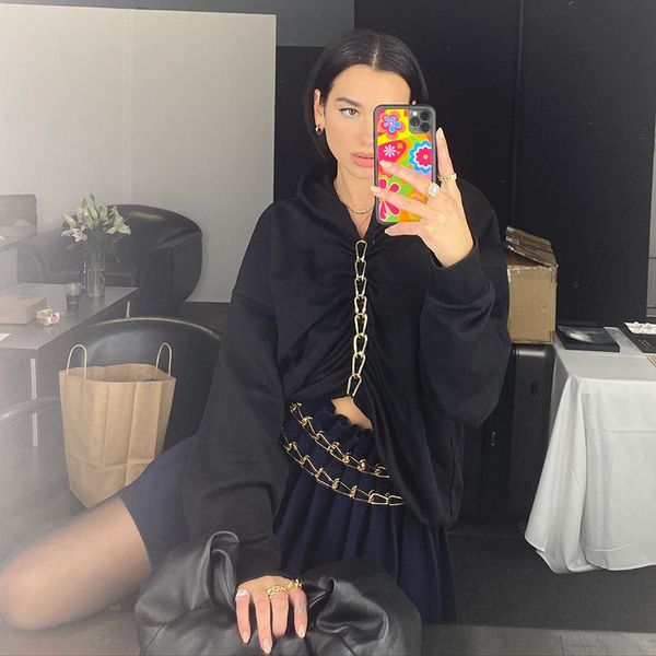 

punk streetwear long sleeve splice metal chain hoodies women solid ruched solid hooded tshirt autumn fashion loose top, White