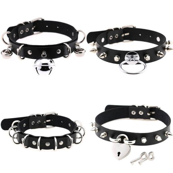 

chokers gothic men women faux leather choker necklace spike rivet bell punk jewelry, Golden;silver