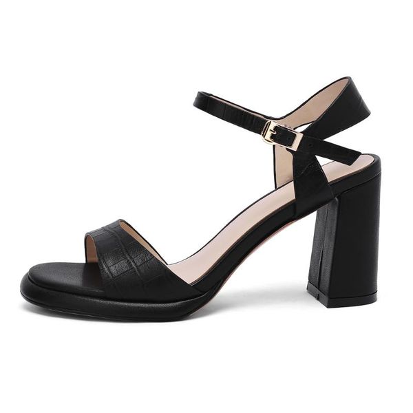

sandals 2021 summer high heels 8.5cm genuine leather women shoes peep toe buckle strap chunky party size 42, Black