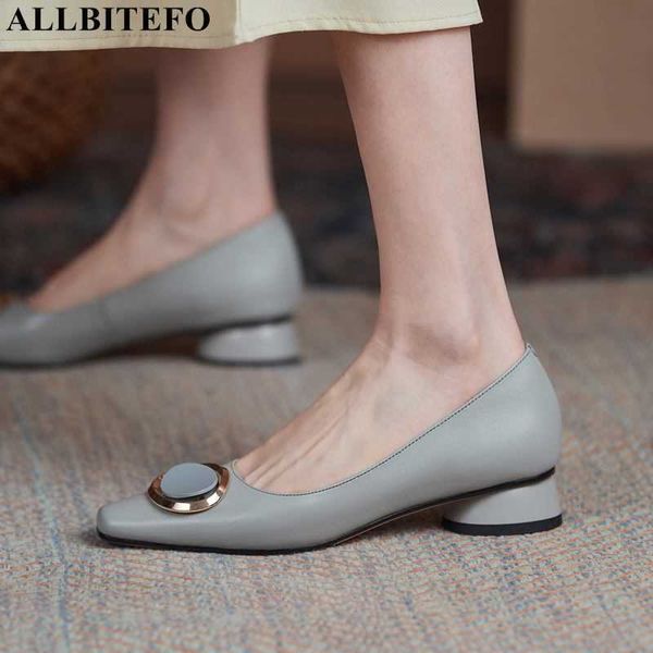 

allbitefo size:33-41 genuine leather thick heels office ladies shoes women heels shoes brand high heels shoes 210611, Black