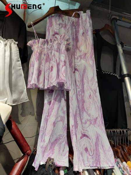 

women's two piece pants 2021 summer women korean sweet violet pleated sling ladies high waist mop wide leg fashion street two-piece sui, White