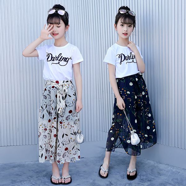

summer girls fashion clothing suits 2021 new wide leg pants letter printing short sleeve t-shirt cuhk children chiffon costume 75p6, White