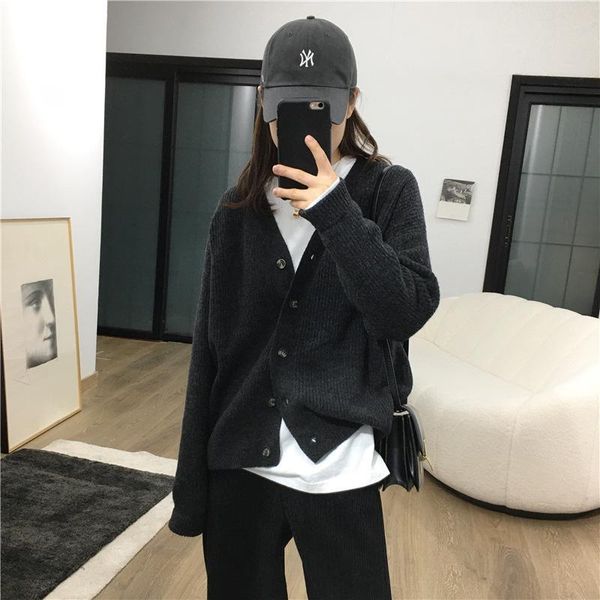 

women's knits & tees south korea 2021 v-neck knitted cardigan women wear loose small gray women's sweater coat, White