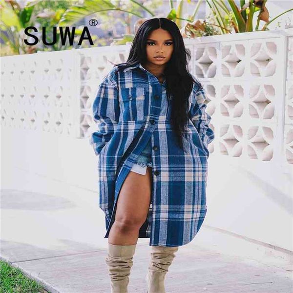 

bady blue plaid printed loose oversized shirt blouse women long sleeve autumn winter vintage casual coats and jacket female 210525, White