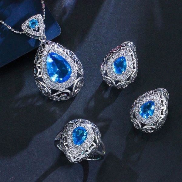 

jewelry set earrings necklace ring three piece set inlaid with zircon plated real gold, Silver