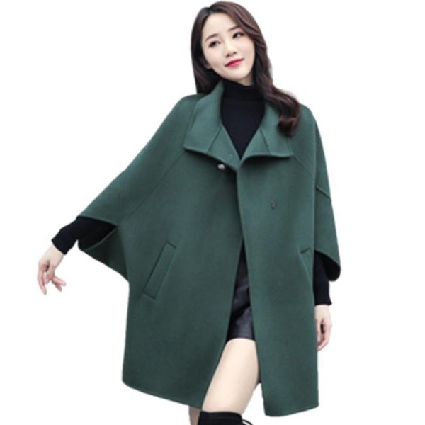 

women's wool & blends 2021 lady trendy autumn winter cloak plus size female blend coats loose casual long outerwear shawl n777, Black