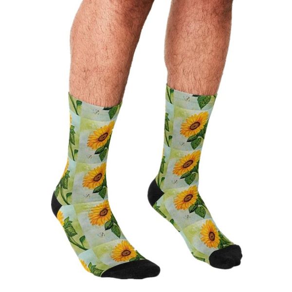 

men's socks 2021 funny sunflower cartoons pattern printed hip hop happy cute boys street style crazy for men, Black