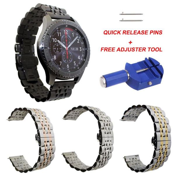 

watch bands 7-beads 316l stainless steel bracelet for samsung galaxy gear s3 frontier band classic butterfly buckle strap w tool, Black;brown