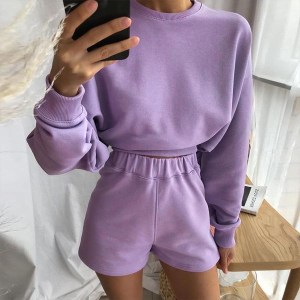 

casual solid tracksuit crop womenpant sweatshirt and shorts two piece set winter lounge wear sweat suits outfits female clothing, White
