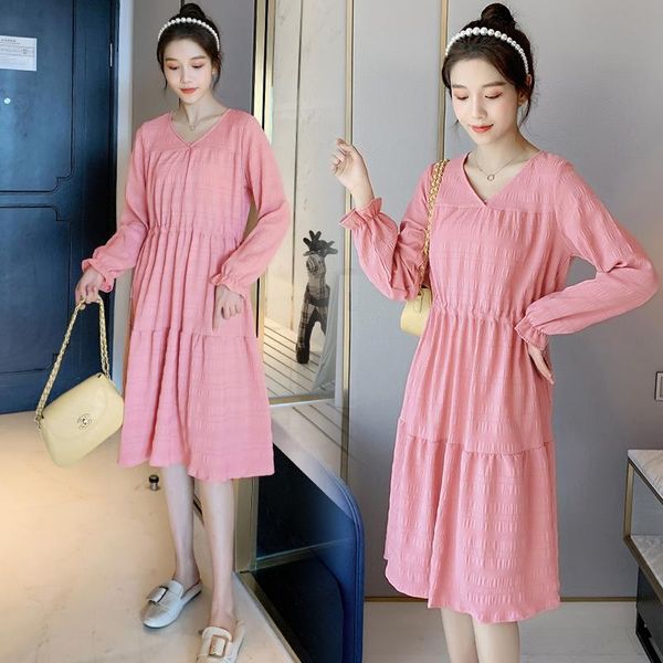 

maternity dresses 9151# dress spring autumn cotton v neck long sleeve loose stylish for pregnant women mom, White