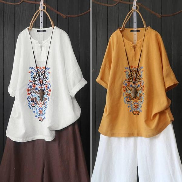 

women's blouses & shirts zanzea women floral blouse elegant embroidery 2021 casual summer solid blusa female half sleeve button tunic c, White